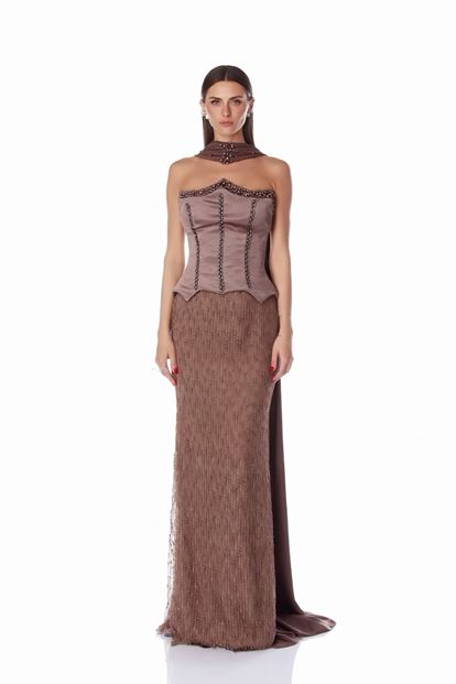 Braunes Satin Bustier Top Pailletten Meerjungfrau Abend Set
